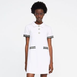 Zara knit dress with tweed trim and pearl buttons